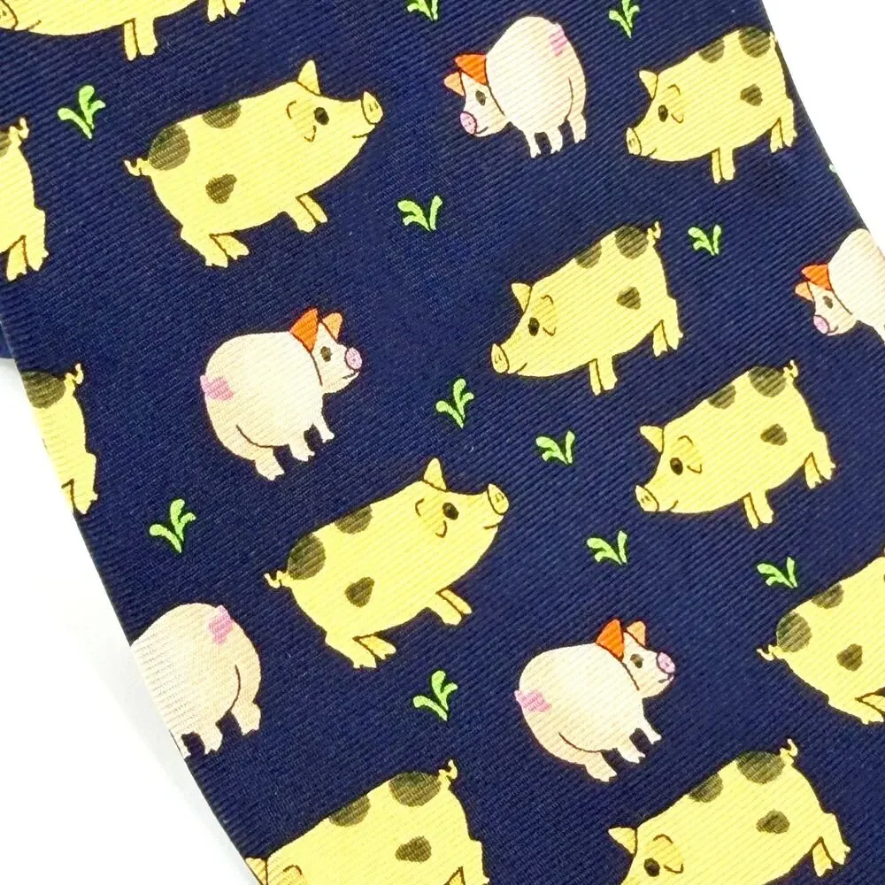 Vintage 90s Alynn Neckwear Navy Silk Oink Pig Novelty Necktie